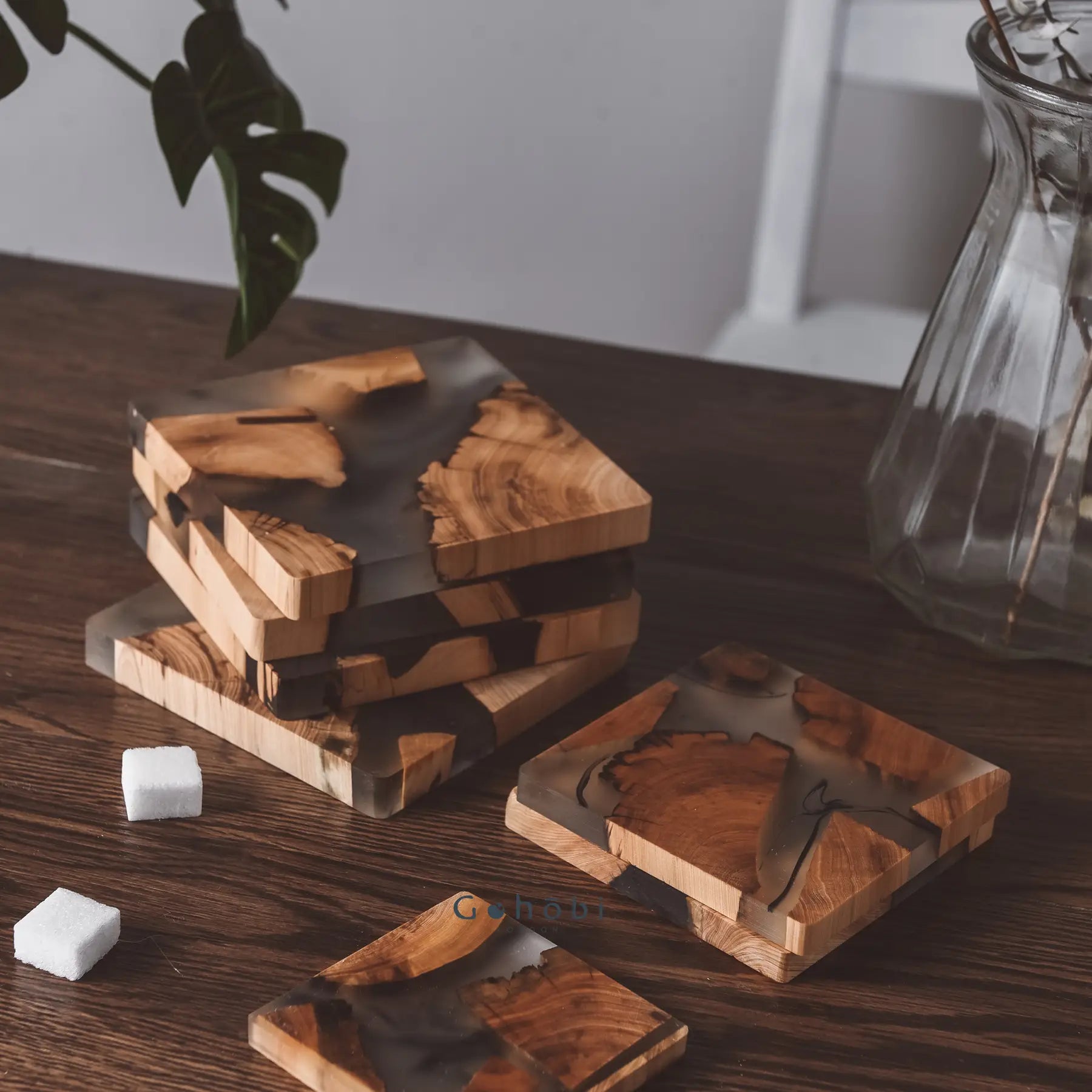 Classic Wooden Resin Coaster Set of 6 (8 cm, Square)