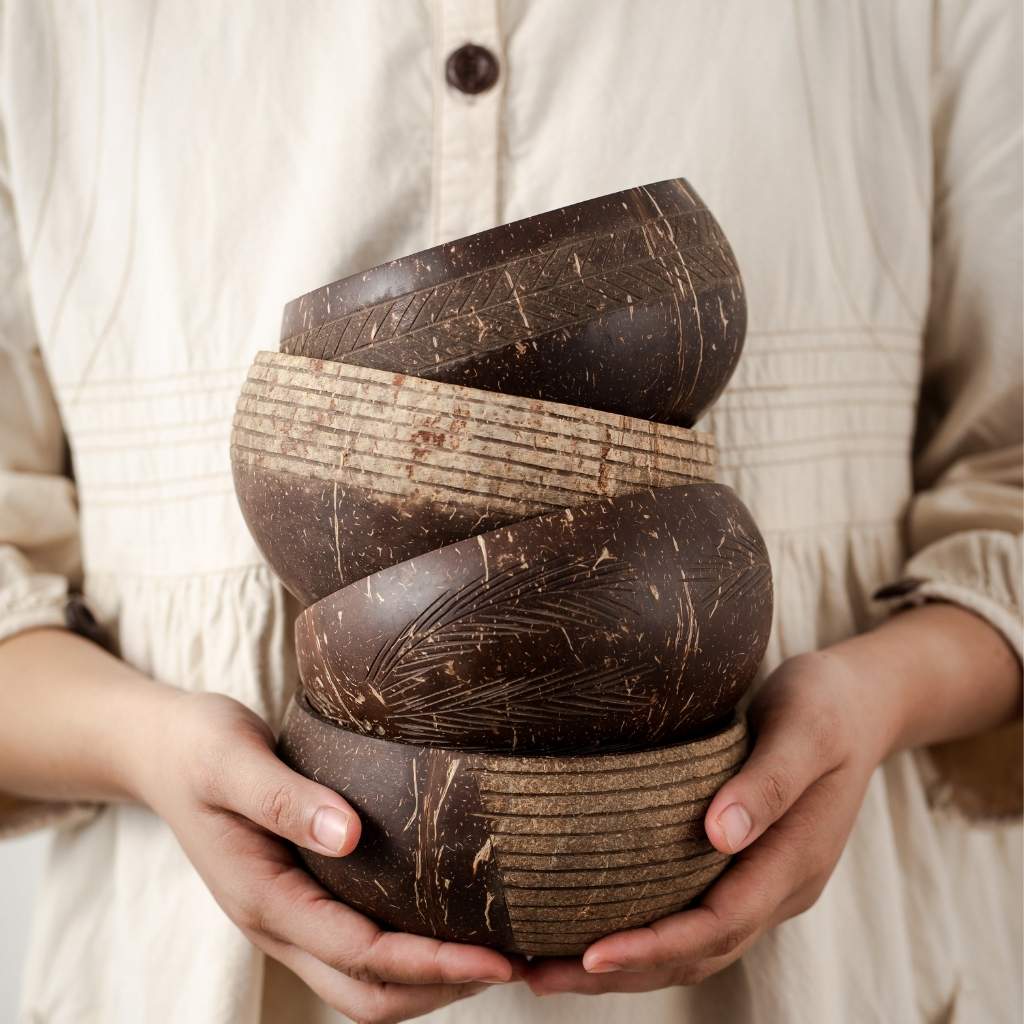 Coconut Bowls & Wooden Spoon Combo (Coco Shell Bowl): Leaf Pattern