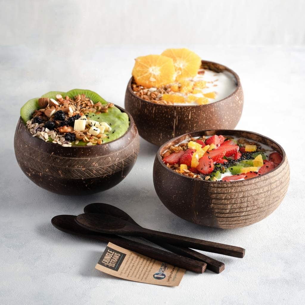 Coconut Bowls & Wooden Spoon Combo (Coco Shell Bowl): Cosmos Pattern