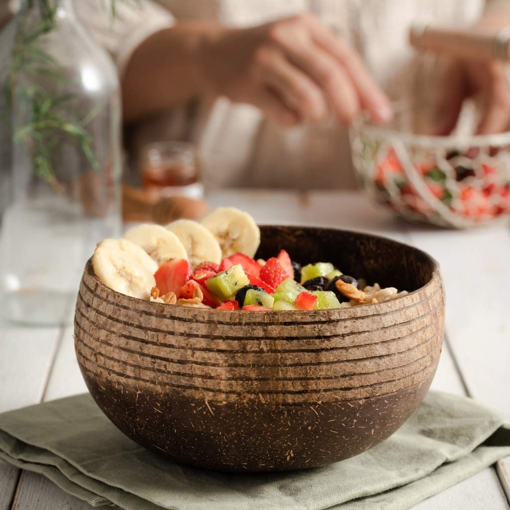 Coconut Bowls & Wooden Spoon Combo (Coco Shell Bowl): Leaf Pattern