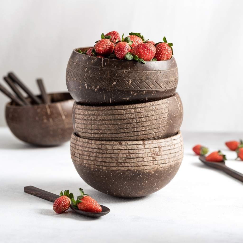 Coconut Bowls & Wooden Spoon Combo (Coco Shell Bowl): Leaf Pattern