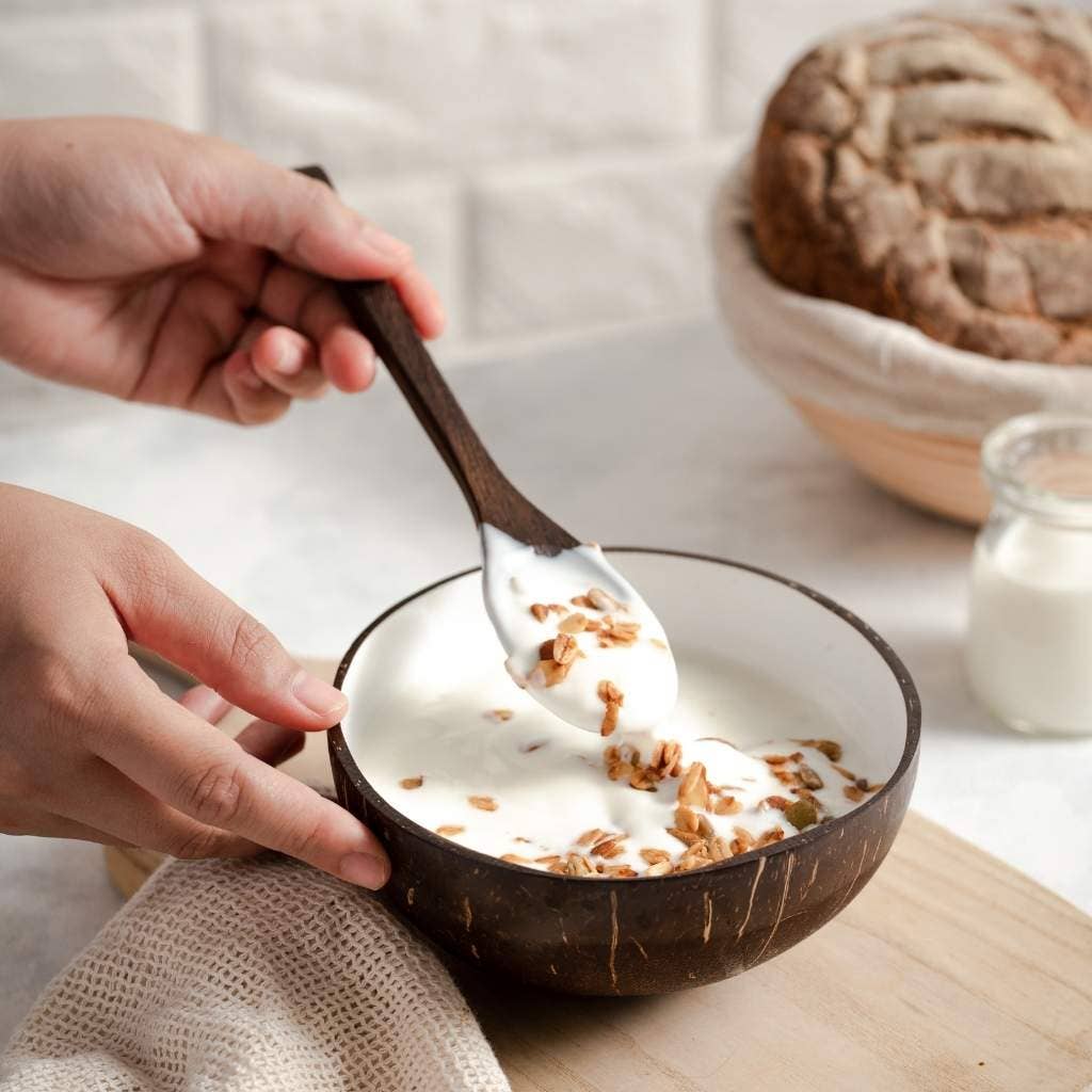 Coconut Bowls & Wooden Spoon Combo (Coco Shell Bowl): Leaf Pattern